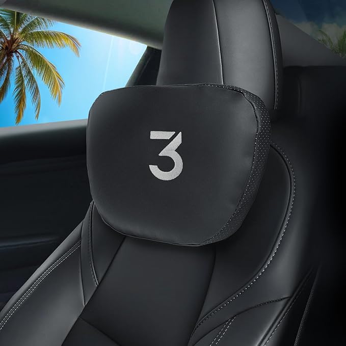 Nappa Leather Car Neck Pillow for Tesla Model Y Model 3 Juniper/Highland Headrest Pillow Memory Foam Ergonomic Design Breathable Height Adjustable Accessories (Black-1 pc-3)