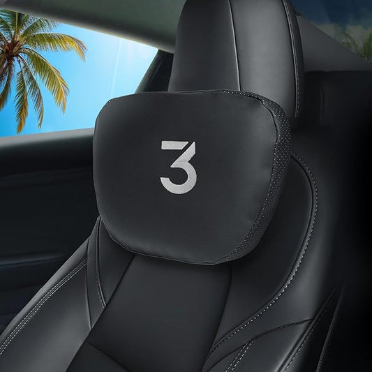 Nappa Leather Car Neck Pillow for Tesla Model Y Model 3 Juniper/Highland Headrest Pillow Memory Foam Ergonomic Design Breathable Height Adjustable Accessories (Black-1 pc-3)