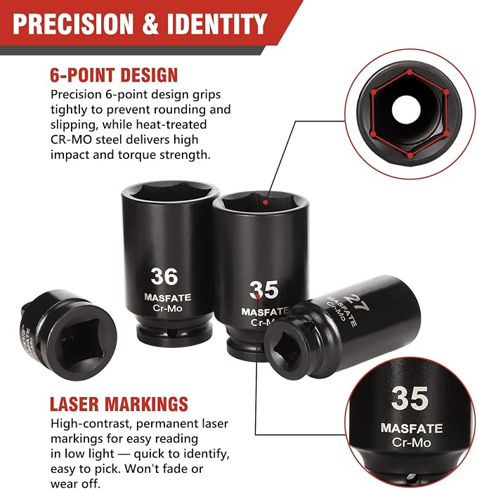 1/2" Metric Impact Socket Set 12PCS, CR-MO, 6-Point,27-38mm | 78mm Deep Socket set, Includes 3/4" to 1/2" Adapter & U-Joint. Ideal heavy-duty kit for car and truck lug nut repair