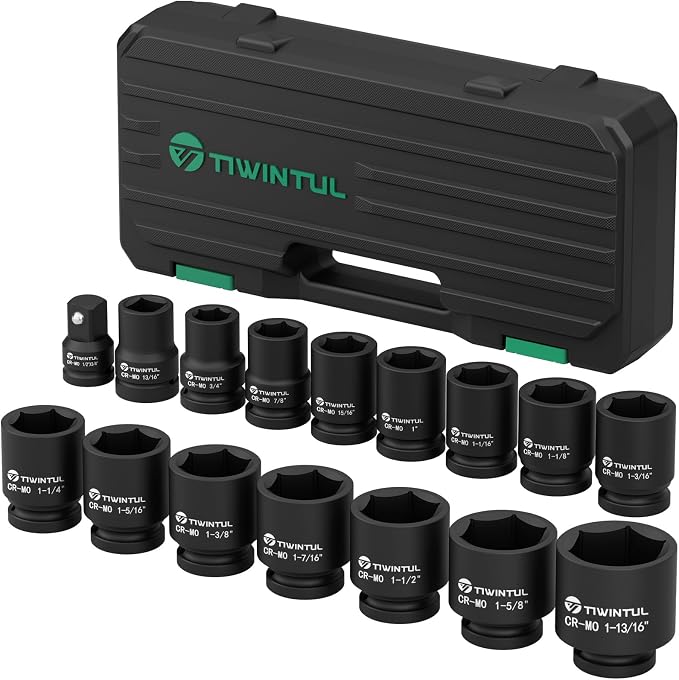 3/4" Drive Shallow Impact Socket Set, 16PCS SAE (3/4" to 1-13/16") | 13/16" Square Socket, 6-Point, Heavy Duty Impact Socket Set with 1/2" F to 3/4" M Adapter for Auto, Truck, Large Equipment