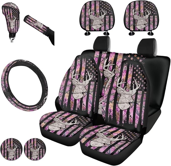 KEIAHUAN Car Front Rear Seat Covers Full Set for Women 11 Pcs Pink Branch Camo Hunting with Stretch Steering Wheel Cover+Headrest Cover+Gear Shift Cover&Handbrake Cover+Cup Coasters Fit Most Vehicle
