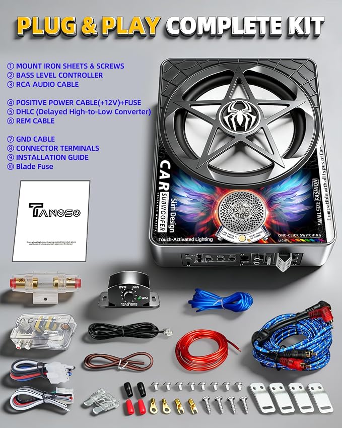 3000W AI 3-Way Under Seat Subwoofer with Amp, Slim Powered Car Subwoofer 20Hz–22kHz Full Range, Built-in Amplifier Plug and Play Sub and Amp Combo for Car Truck SUV