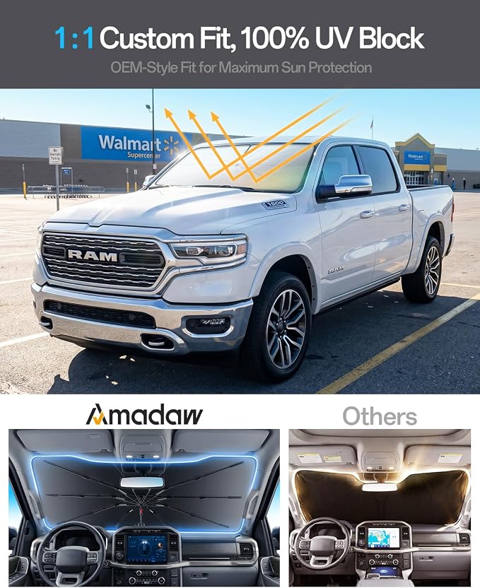 Windshield Sun Shade for Ram 1500 2011–2026, Foldable Umbrella Sunshade with 100% UV Block, Multi-Layer Heat Insulation, Reinforced 10-Rib Frame, Keeps Car Cooler, Summer Car Accessory