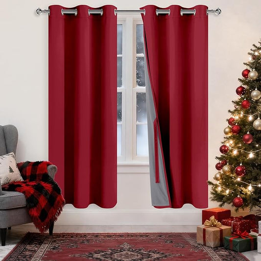 XWZO Total Blackout Curtains 72 Inches Long - Double Layer Full Room Darkening & Energy Efficiency Grommet Window Panels with Tiebacks, Christmas Red, W42 x L72, Set of 2