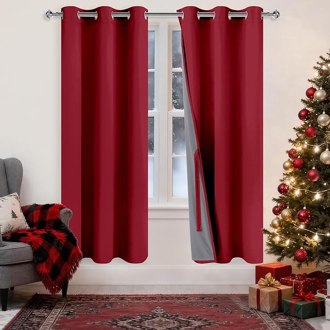 XWZO Full Shading Blackout Curtains 63 Inches Length - Heat and Light Blocking Ring Top Window Drapes with Black Liner Backing for Bedroom Sewn with Tiebacks, Christmas Red, W42 x L63, Set of 2