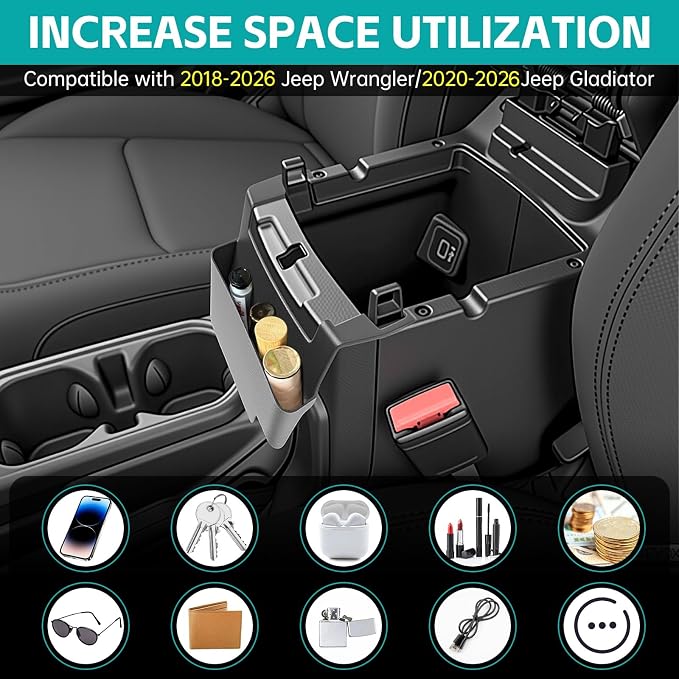 Center Console Organizer Compatible with 2018-2026 Jeep Wangler JL JLU 4xe Rubicon Sahara & 2020-2026 Gladiator JT Accessories, Console Hanging Box Tray Fit for Jeep Interior Accessories