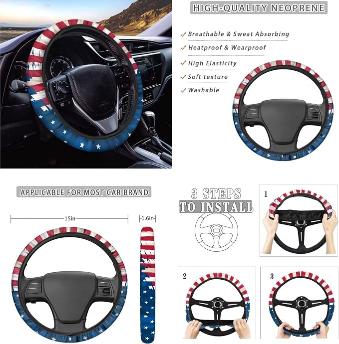 Flag Car Accessories Set of 10, Seat Covers for Cars with Steering Wheel Cover Vehicle Armrest Cover Pad Car Auto Seat Belt Cover Shoulder Pad Absorbent Drinks Cup Mat Keychain Wrist Strap