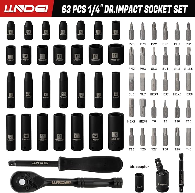 LLNDEI 63 PCS 1/4-Inch Impact Socket Set&19PCS 3/8-Inch Extra Long Allen Socket Set