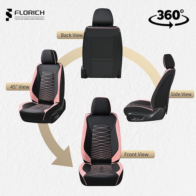 FLORICH Leather Seat Covers, Car Seat Covers Full Set, Car Seat Protector Waterproof, Front and Rear Seat Covers for Cars, Automotive Seat Covers Universal Fit for Most Cars Truck SUV - Pink&Black