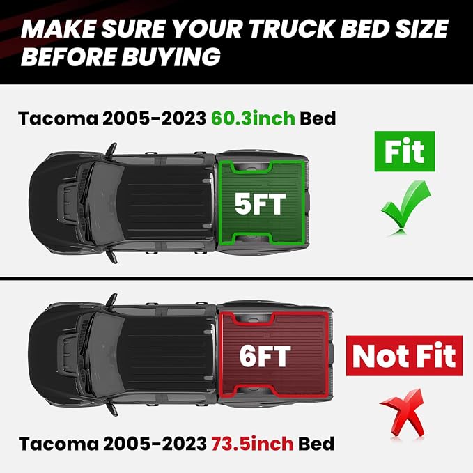 LASFIT Bed Mat for Toyota 2005-2023 Tacoma (5FT,61.3'' Bed) Truck Bed 5ft, All Weather TPE Car Bed Liner for Toyota Tacoma 2023 2022-2005 Accessories Truck Mat &Cargo Liner (Not Fit Drop-in Liners)