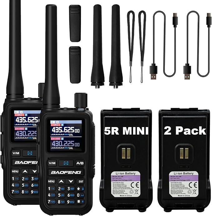 BAOFENG UV-5R Mini Two Way Radio BF-5R Mini Walkie Talkie Wireless Power Adjustable Tiny Size Frequency Copy 999 Channels Type-C Four Colors Portable Ham（2 Pack） (Black)