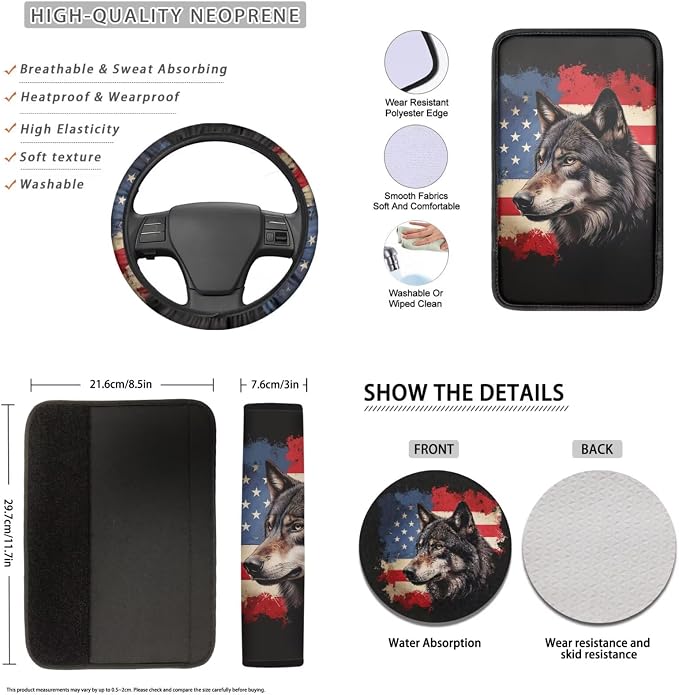 Lotusorchid Wolf Print Car Accessories Full Set, American Flag Printed Car Front Back Seat Covers and Gear Shift Knob Cover, Anti-Dust Steering Wheel Cover and Auto Seat Covers for Cars
