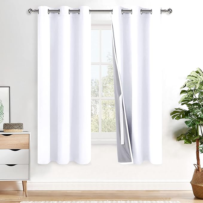 XWZO White Blackout Curtains with Tiebacks - Heat and Full Light Blocking Window Panels with Grommets for Bedroom/Nursery, 63 Inches Long Thermal Insulated Draperies, White, W38 x L63, Set of 2