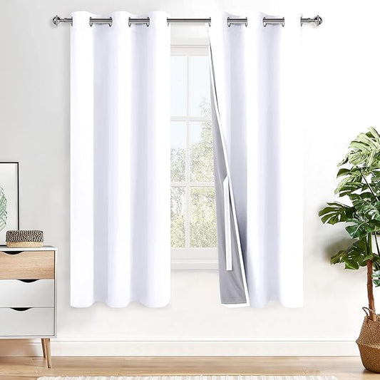 XWZO White Blackout Curtains with Tiebacks - Heat and Full Light Blocking Window Panels with Grommets for Bedroom/Nursery, 63 Inches Long Thermal Insulated Draperies, White, W38 x L63, Set of 2