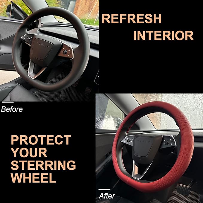 PINCTROT Nappa Leather Steering Wheel Cover for Tesla Model Y/3 Highland/Juniper, D Shaped 14 Inch Small Sized with Breathable Perforation, Fit Like Gloves, Flat Bottom 14 Inch(Nappa Rust Red)