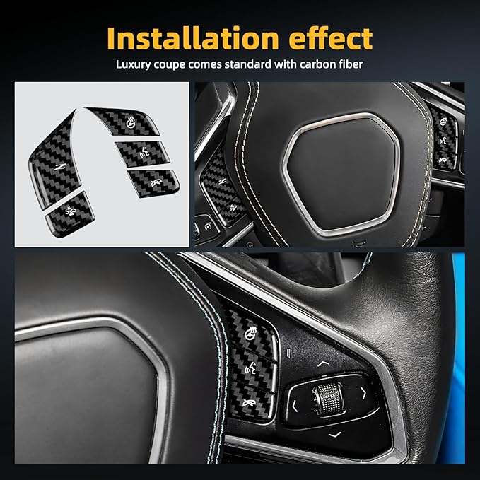Steering Wheel Button Covers with Real Carbon Fiber - 5PCS for C8 Steering Wheel Button Stickers with Heating and Voice Control Button, for Corvette C8 2024 2025 Accessories (Black)