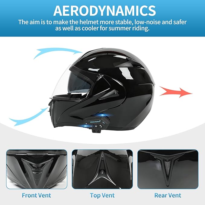 Motorcycle Bluetooth Modular Helmet, DOT Approved Dual Visor Full Face Flip up Bluetooth Integrated Motorcycle Helmets for Adults Men Women