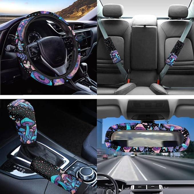 Blue Mushrooms Car Seat Covers Universal Fit 14Pcs Butterfly Mushroom Cottagecore Car Accessories Protection with Steering Wheel Cover Keychain Coasters