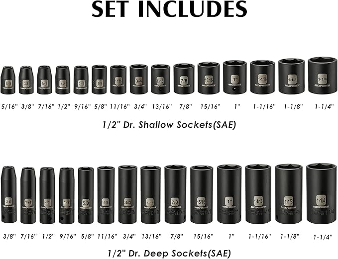 MIXPOWER 1/2-inch 70 Pieces Impact Socket Master Set, SAE and Metric, 5/16-Inch to 1-1/4-Inch and 8-24 mm Shallow/Deep