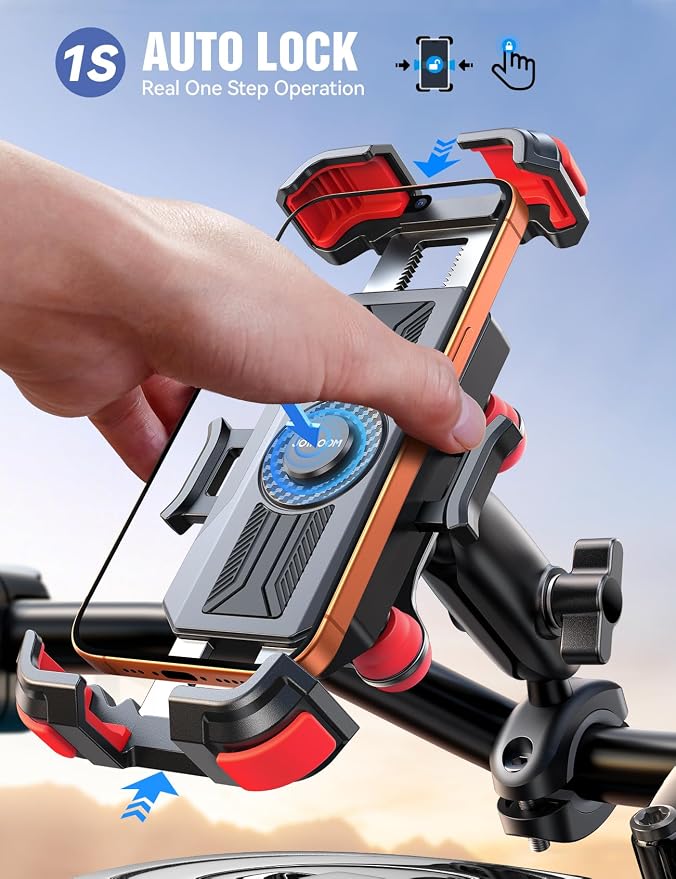 JOYROOM Motorcycle Phone Mount Holder - [Dual Vibration Dampener] [Metal Adjustment Arm] Motorcycle Cell Phone Holder Mount, Bike Bicycle Handlebar Phone Mount for All 4.7''-7'' Cell Phones, Red