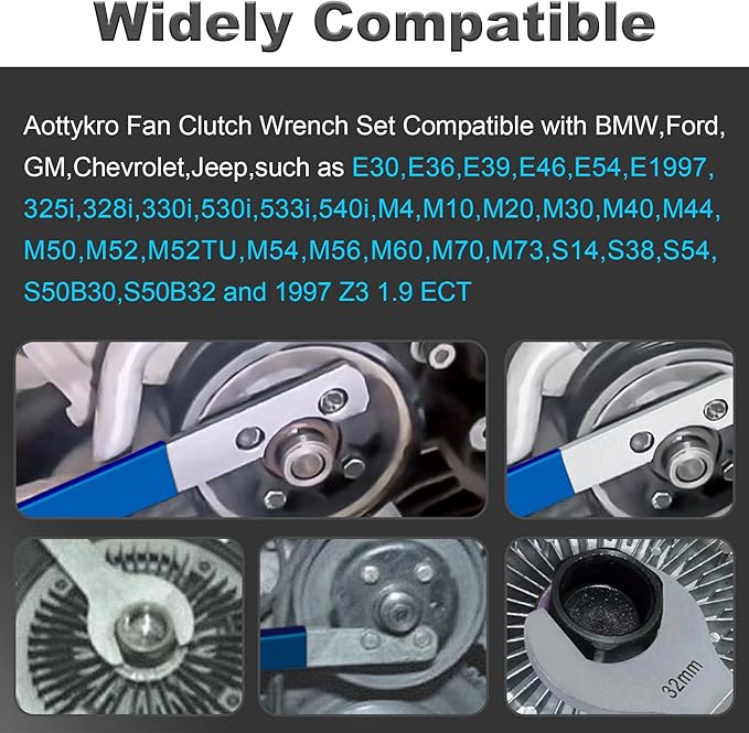 Fan Clutch Removal Tool Kit,32mm & 36mm Wrench Set with Water Pump Pulley Holder,Heavy Duty Automotive Tool for BMW Ford GM Dodge Jeep Chevy(Blue)