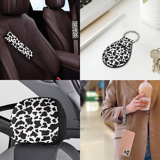 Cow Print Car Seat Covers Full Sets Universal Car Interior Accessories Sets with Cow Print Steering Wheel Car Covers Washable Car Headrest Covers Hanging Car Trash Can Belt Pads,Universal Fit