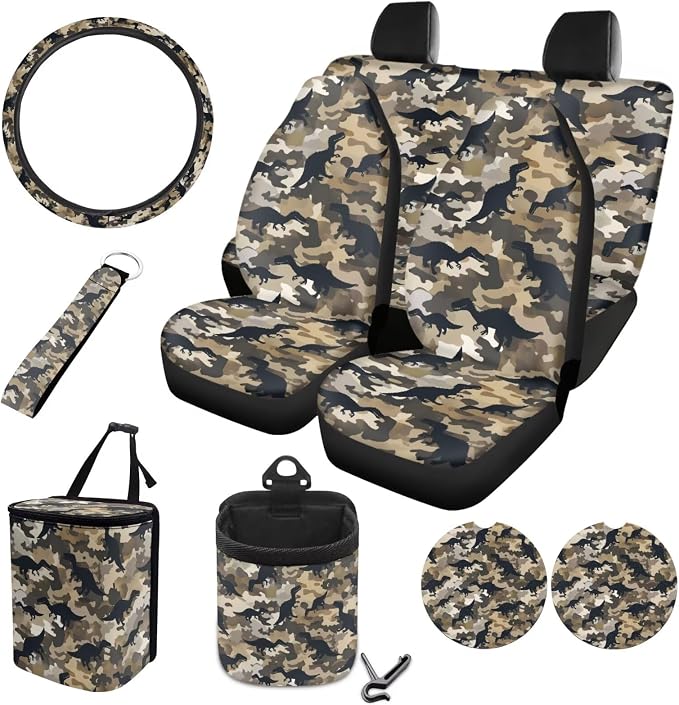 Dinosaur Camo Print 10 Pcs Car Seat Covers Full Sets Scratch-Resistant Car Seat Protector + Steering Wheel Cover + Auto Air Vent Storage Bag + Trash Can + Coaster + Keychain