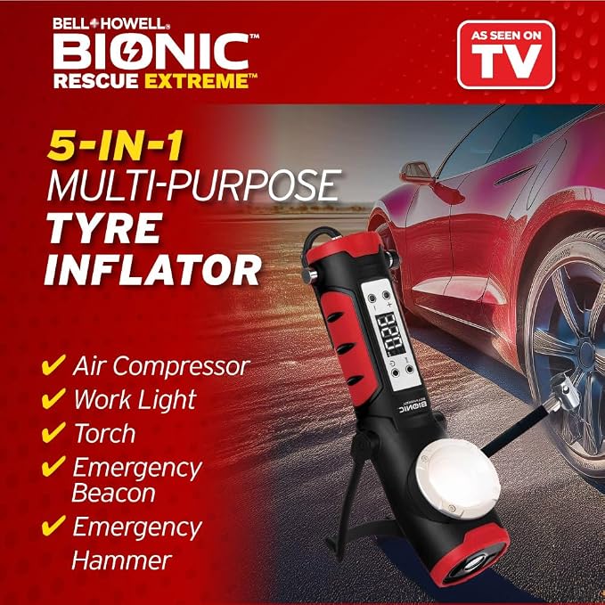 BIONIC Car Tire Inflator Portable Air Compressor with LED Road Flare, Work Light, & Window Breaker, 1500MAH Air Pump with Pressure Gauge, Emergency Lights for Vehicles, Rechargeable (120 PSI)