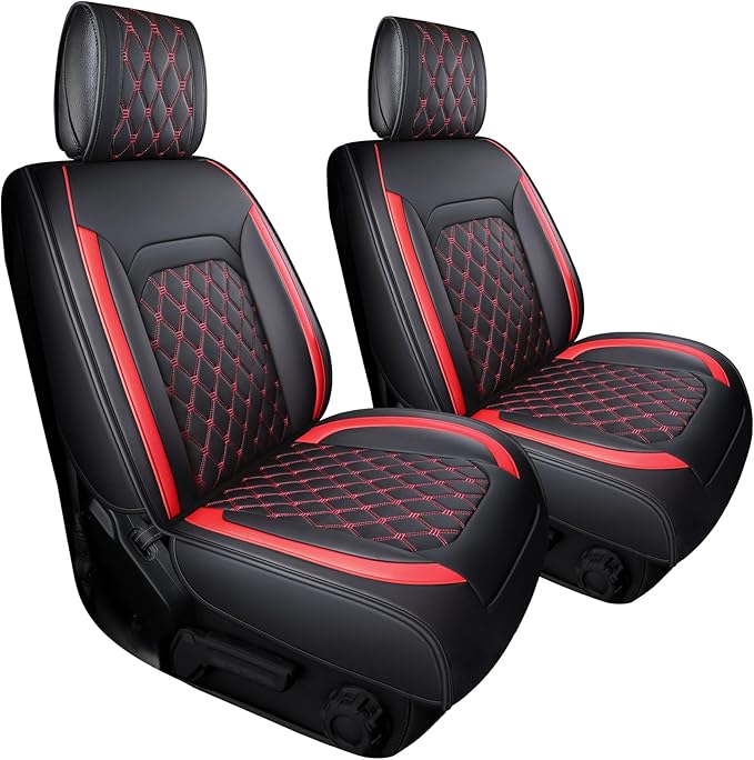 Aierxuan Jeep Wrangler JK JL Front Seat Covers Custom Fit 2/4 Door 2007-2026 Unlimited X Rubicon 392 Sahara Willys Sport High Altitude Truck Pickup Waterproof Leather(2 PCS Front/Black-Red)