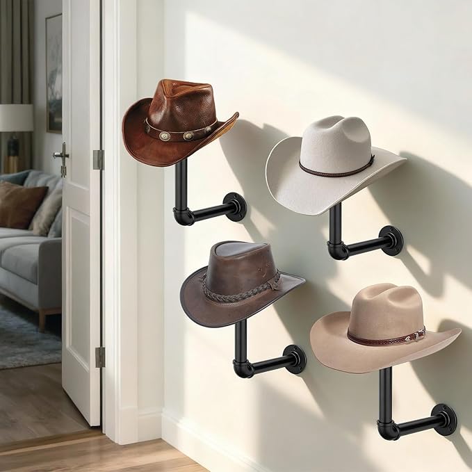 4PCS Metal Pipe Cowboy Hat Rack Wall Mount, Wooden Western Rustic Metal Hanger, Wall Mounted Helmet Holder for Multifunctional Display Hanger Stand for Cap Wig Hats, Fedora, Sun Hats