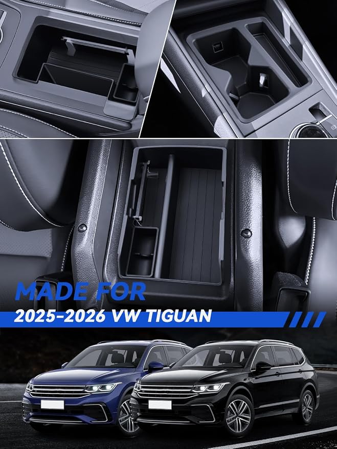 for Tiguan Center Console Organizer 2025 2026 VW Tiguan Accessories Armrest Console Organizer & Front Center Console Storage Tray & Cup Holder 3PCS