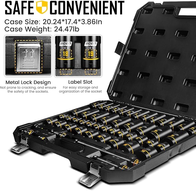 BOEN 1/2" Drive Impact Socket Set, 50-Piece Metric (8-32mm) Deep & Standard Sockets with Paint-Filled Markings, Includes Extensions, Adapter & Universal Joint