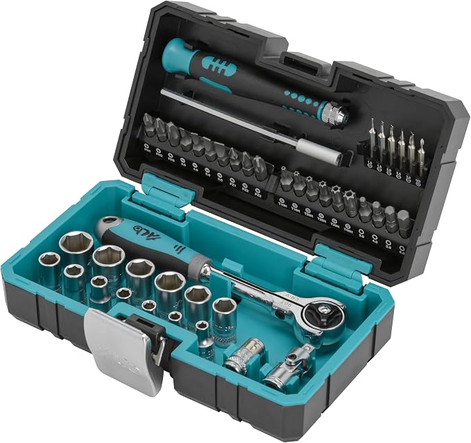 HB 90-Tooth 1/4 Inch Drive 270° Swivel Head Ratchet Handle 44 Piece Socket Set with Precision Screwdriver Torx PZ PH SL HEX Bits Chrome Vanadium Steel Portable Case Made in Taiwan AKM024-G
