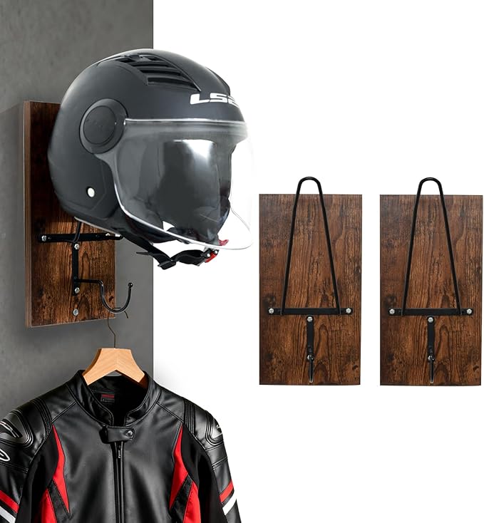 Helmet Holder Wall Mount, Motorcycle Helmet Rack, Motorcycle Helmet Stand, Helmet Hanger with Metal Hook, Easy Storage for Helmets, Caps, Sportswear, Hats, Coats & Motorcycle Gear (2 Pack)
