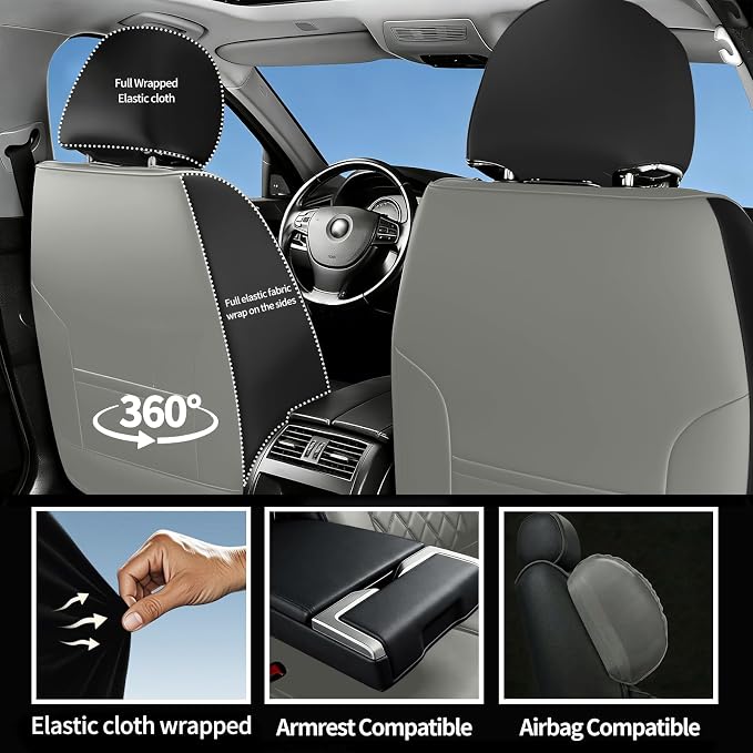 Fit Ranger Car Seat Covers for Ford Ranger 2007-2025 2026 - Luxury Leather, Anti-Slip, All-Weather Seat Cushions, Waterproof & Breathable, Airbag Compatible, Full 5-Seat Set (Gray)