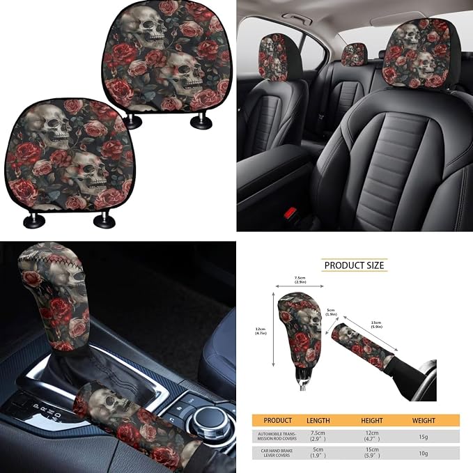 Rose Skull Car Seat Covers Full Set for Women Floral Car Accessories Steering Wheel Cover Seatbelt Pad Coasters Trash Can Car Headrest Pillow Covers Armrest Pad