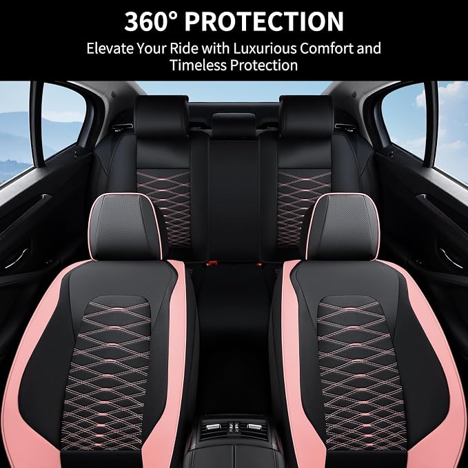 FLORICH Leather Seat Covers, Car Seat Covers Full Set, Car Seat Protector Waterproof, Front and Rear Seat Covers for Cars, Automotive Seat Covers Universal Fit for Most Cars Truck SUV - Pink&Black