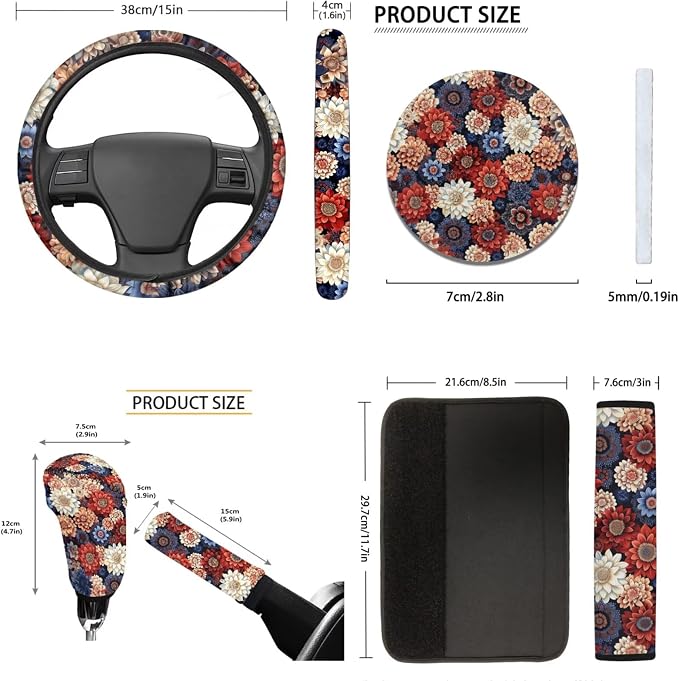 Tupalatus 9 Pieces Bohemian Flower Car Seat Covers 2 Front Seats Universal Fit Steering Wheel Cover Auto Seat Belt Cover Coasters Gear Shift Cover Hand Brake Cover Car Interior Accessories