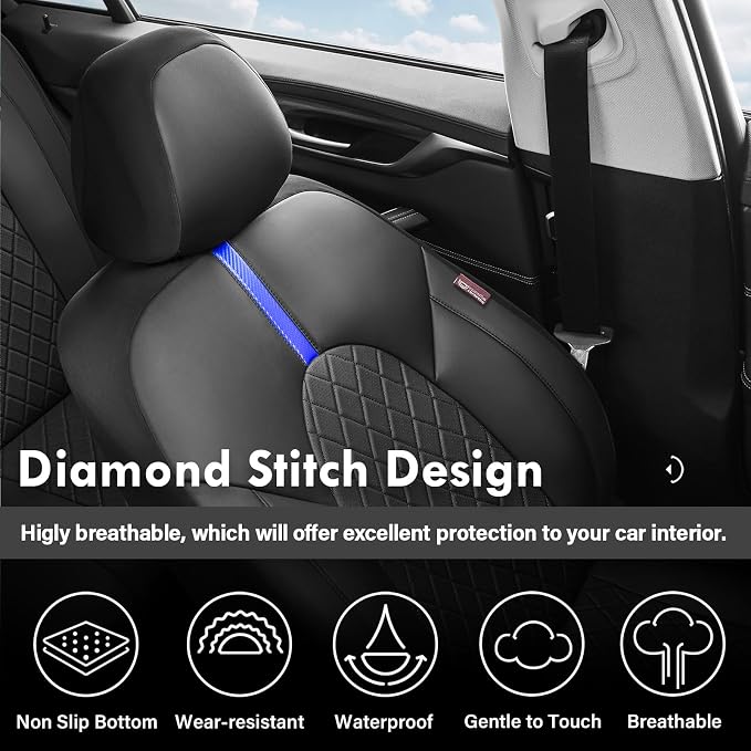 Coverado Full Set Car Seat Covers, Waterproof Front Seats Back Seat Cover, Leather Seat Covers Non-Slip Seat Protectors Universal Fit for Most Cars (Black-Blue)