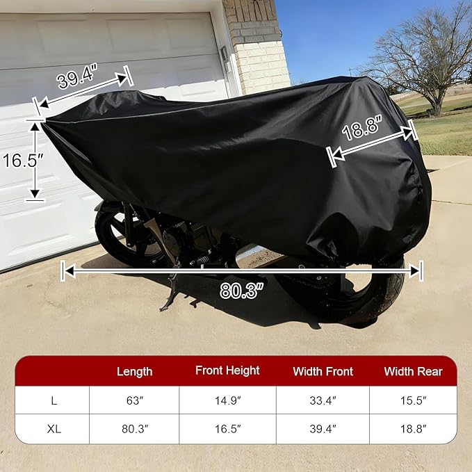 Dream Apparel Motorcycle Half Cover, Waterproof Motorcycle Cover for Outdoor, Rain Snow Dust Protection Universal Fit Heavy Duty Motorbike Vehicle Cover with Storage Bag, Black XL