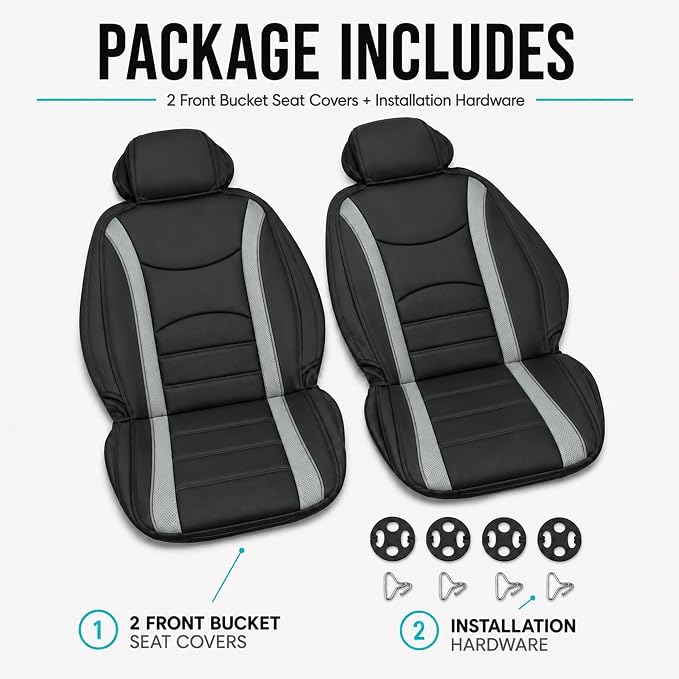FH Group Car Seat Covers Front Set Gray Black Faux Leather Car Seat Cushions - Car Seat Covers for Low Back Seat, Universal Fit, Automotive Seat Covers, Airbag Compatible for SUV, Sedan