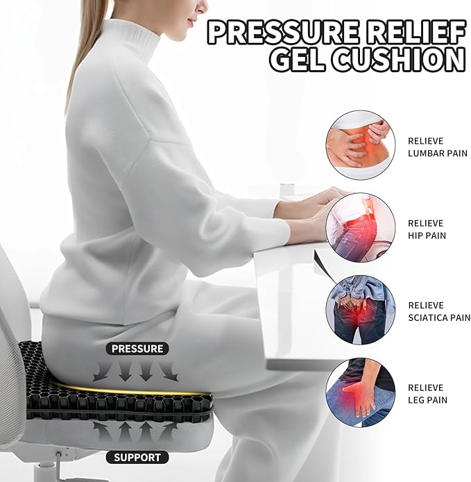 Gel Seat Cushion for Long Sitting - 16.5" x 14.5" x 2.4" (Extra Thick＆Soft) Gel Cushion for People Over 185 lbs, Pressure Relief Cushion for Office Chair, Egg Cushions for Wheelchair, Gel Pad for Car