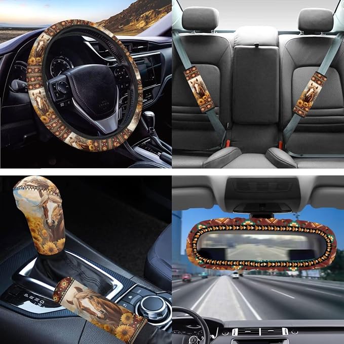 Horse Automotive Seat Covers Decor Accessory 14pcs Southwestern Tribal Aztec Horse Vehicle Seats Cushion for Front Rear Bench,with Absorbent Coaster,Auto Rear View Mirror Cover,Keychain
