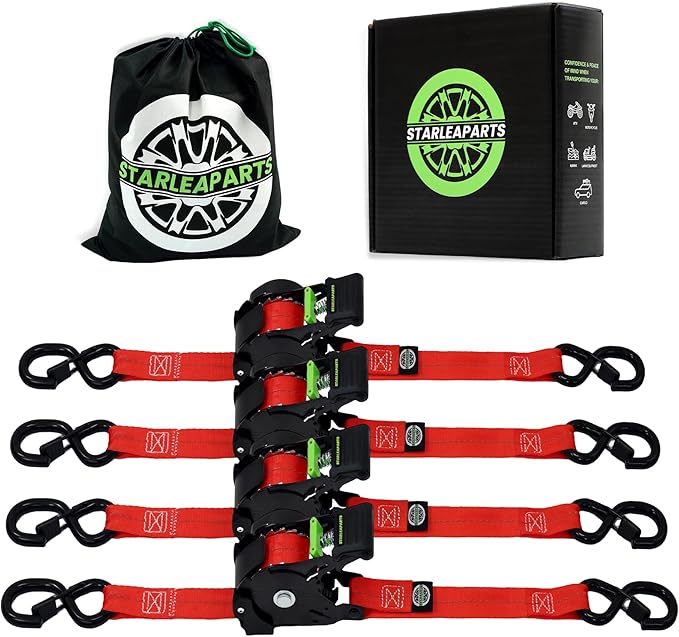 Retractable Ratchet Straps(4PK 1.0INX12FT) - 1,500lb Break Strength, Ratchet Strap Heavy Duty with Rubber Coated Handle, Perfect Auto Ratchet Straps for Motorcycle,Trucks (Red)
