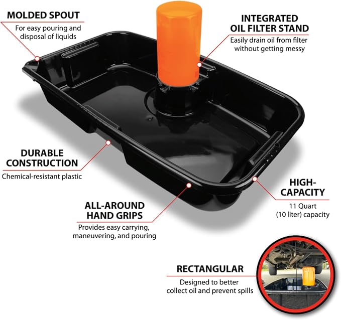 Performance Tool W4079 11-Quart Oil Drain Pan, Chemical-Resistant, Oil Filter Stand, Black