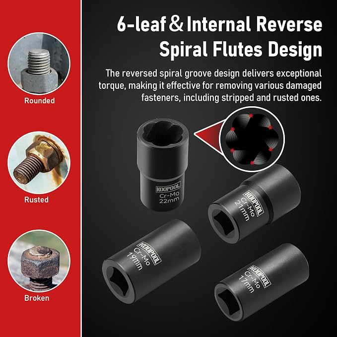 Twist Socket Set 5 Pcs Lug Nut Remover, Bolt Nut Extractor Set, Metric 17-22mm Wheel Lock Removal Kit with Drift Punch Nut Removal Bar