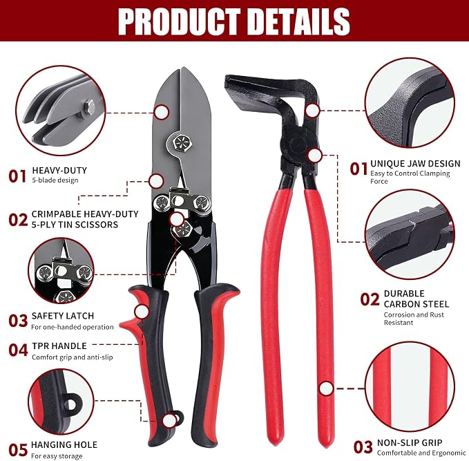 Professional HVAC Sheet Metal Tools Set, 10-1/2" 5-Blade Sheet Metal Crimper + 3-Piece Hand Seamers (Straight, 45°, 90°), Duct Crimping & Bending Tools for 24–28 Gauge Ductwork