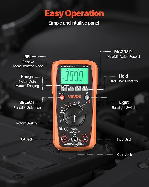 VEVOR Digital Multimeter, 4000-Count TRMS DC/AC Voltmeter Current Tester, Auto-Ranging Multimeter for Current Voltage Resistance Capacitance Temperature Diodes Continuity Duty-Cycle Measurments