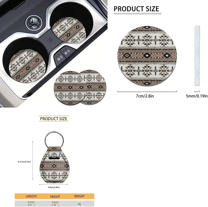 Suobstales Aztec American Tribal Geometric Print Car Seat Cover Full Set SUV Interior Accessories Front/Back Bench Bucket Seat Cover, Steering Wheel Cover, Seat Belt Cover, Coasters, Keychain