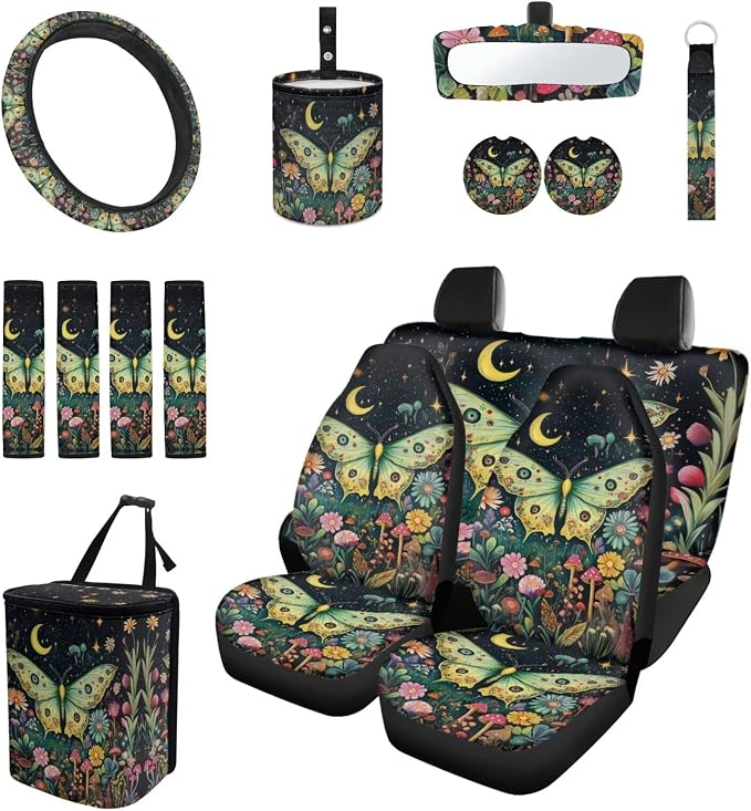 Moon Moth Seat Covers for Cars Full Set 15 Pcs Car Accessories Steering Wheel Cover Seat Belt Pads Car Coasters Trash Bag Rearview Mirror Cover Keychain
